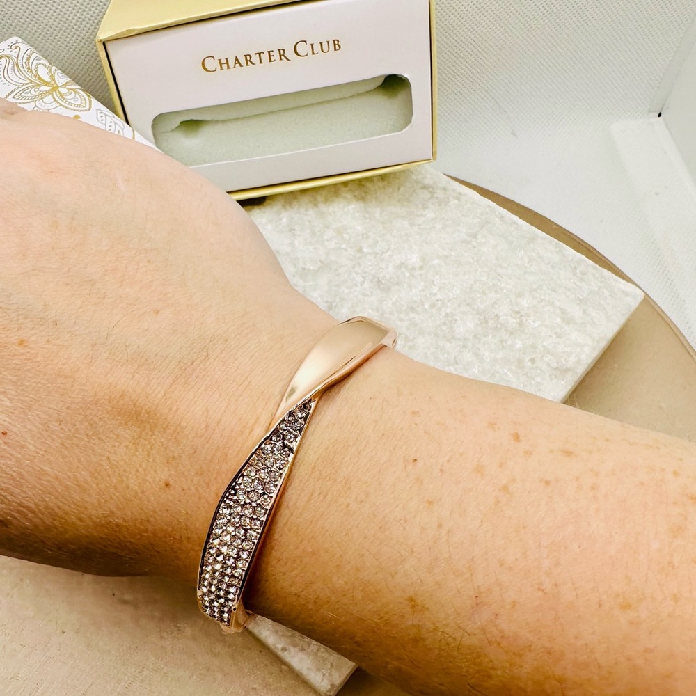 NEW! Charter Club Rose Gold Tone Pavé Twist Hinged Bangle Bracelet